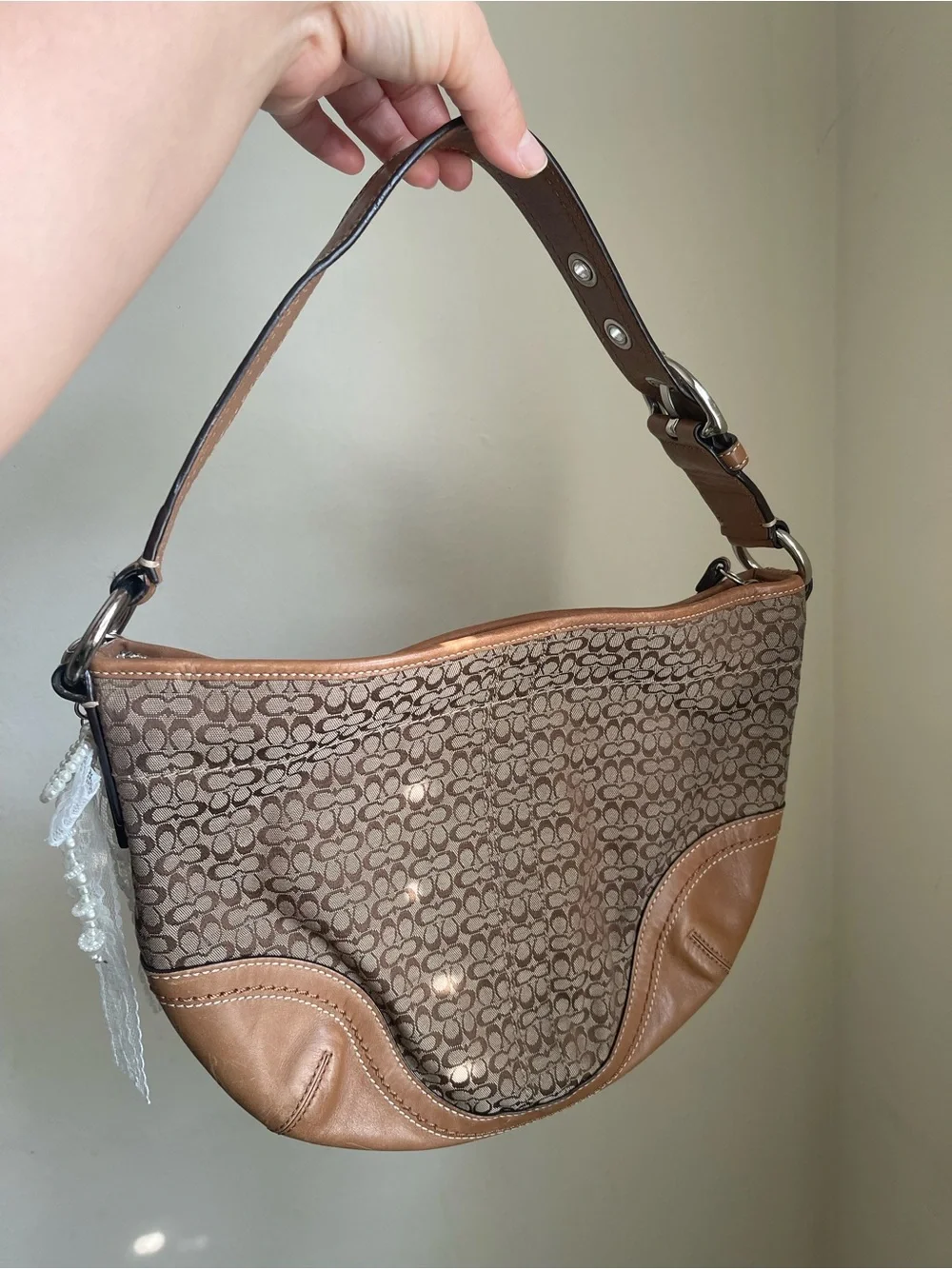 Coach Vintage Brown Signature Jacquard Shoulder Bag with Leather Trim